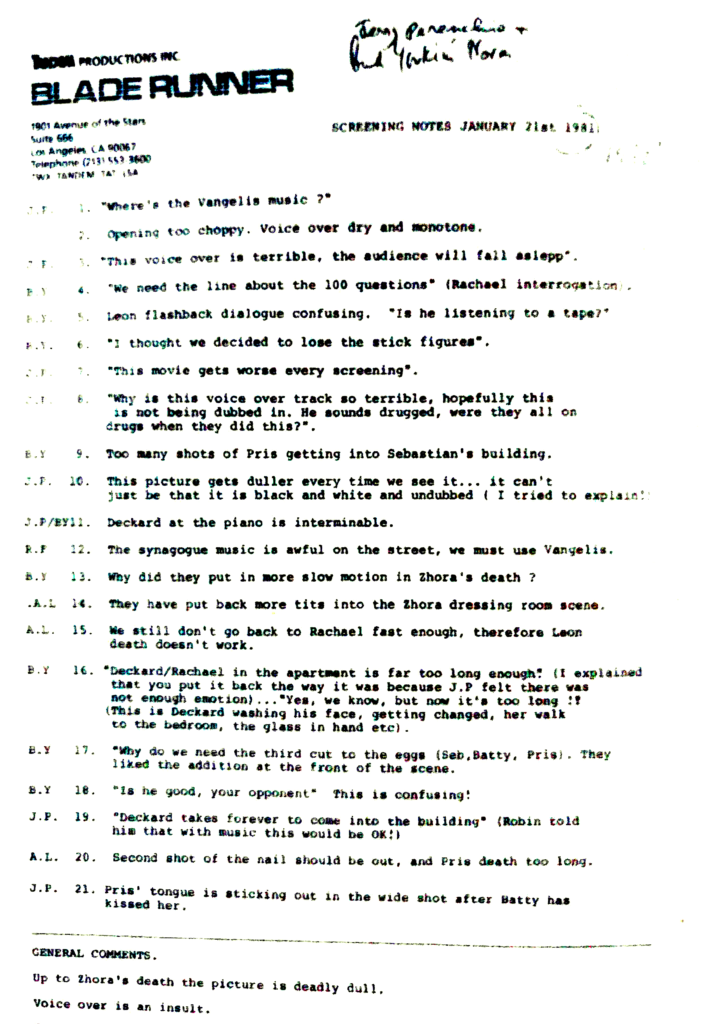 Blade Runner's notes on screening